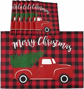 img 4 attached to 🎄 Wamika Christmas Tree Red Truck Placemats Set of 4 - Winter Snowman Buffalo Plaid Table Mats, Double-Sided Print, 12x18", Dining Home Kitchen Xmas Table Decoration