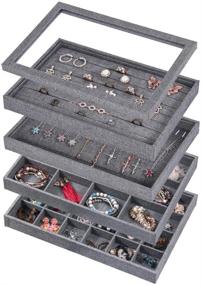 img 4 attached to 💍 Coward 5-Piece Stackable Jewelry Organizer Tray Set - Gray Linen Necklace, Earring, Ring, Bracelet Display Storage Holder