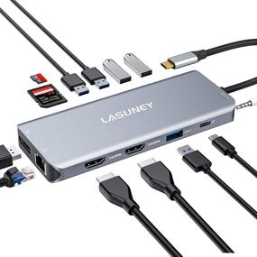 img 4 attached to 🔌 Lasuney 13 in 1 USB C Hub with Triple Display, 2 HDMI & DP, PD3.0, Ethernet, SD TF Card Reader, 5 USB Port, Mic/Audio, Type C Adapter Docking Station Compatible for MacBook Air Pro and More