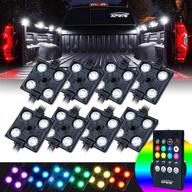 xprite rgb led truck bed light kit - wireless remote controlled pickup cargo 8 colors rock lights kits with cigarette lighter, suitable for interior of cars, footwell, underglow, vans, utv, atv, boats - set of 8 pcs logo