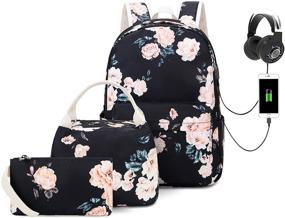 img 4 attached to 🎒 Natayoo Floral School Backpack for Girls & Women – Water Resistant Laptop Backpack with USB Charging Port, Headphone Interface, Lunch Bag & Pencil Bag Included - Large Size