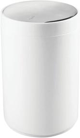 img 4 attached to mDesign Small Round Plastic Trash Can Wastebasket with Swing Top Lid - for Bathrooms, Kitchens, Home Offices - 1.3 Gallon/5 Liter - White/Chrome