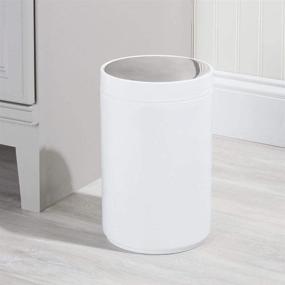 img 3 attached to mDesign Small Round Plastic Trash Can Wastebasket with Swing Top Lid - for Bathrooms, Kitchens, Home Offices - 1.3 Gallon/5 Liter - White/Chrome