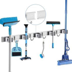 img 4 attached to 🧹 POPRUN Stainless Steel Broom Holder Wall Mount - Slidable 5 Racks, 4 Hooks - Mop Organizer for Tool Organization and Storage, 31.5", Grey