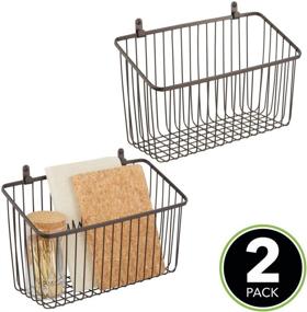 img 3 attached to mDesign Small Portable Metal Farmhouse Wall Decor Angled Storage Organizer Basket Bin with Wall Mount Hooks - Ideal for Entryway, Mudroom, Bedroom, Bathroom, Laundry Room - 2 Pack in Bronze