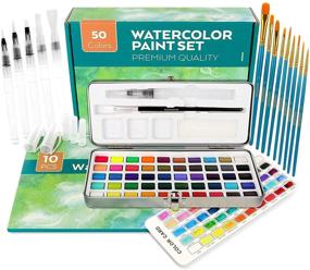 img 4 attached to 🎨 Portable Watercolor Paint Set with 50 Vivid Colors, including Metallic and Fluorescent Shades, 6 Water Brush Pens, 10 Paint Brushes, and 10 Watercolor Paper Sheets - Richly Pigmented Art Painting Kit