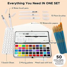 img 3 attached to 🎨 Portable Watercolor Paint Set with 50 Vivid Colors, including Metallic and Fluorescent Shades, 6 Water Brush Pens, 10 Paint Brushes, and 10 Watercolor Paper Sheets - Richly Pigmented Art Painting Kit