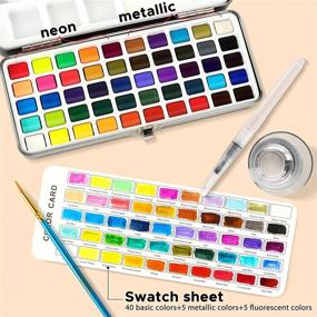 img 2 attached to 🎨 Portable Watercolor Paint Set with 50 Vivid Colors, including Metallic and Fluorescent Shades, 6 Water Brush Pens, 10 Paint Brushes, and 10 Watercolor Paper Sheets - Richly Pigmented Art Painting Kit