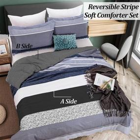 img 2 attached to 🛏️ Microfiber Down Alternative Queen Comforter Set, Reversible Grey Black Stripe Bedding Set - Includes 1 Comforter + 2 Pillow Cases - Patchwork Design - Soft Comforter 90”×90”