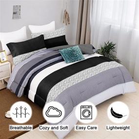 img 3 attached to 🛏️ Microfiber Down Alternative Queen Comforter Set, Reversible Grey Black Stripe Bedding Set - Includes 1 Comforter + 2 Pillow Cases - Patchwork Design - Soft Comforter 90”×90”