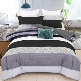 img 4 attached to 🛏️ Microfiber Down Alternative Queen Comforter Set, Reversible Grey Black Stripe Bedding Set - Includes 1 Comforter + 2 Pillow Cases - Patchwork Design - Soft Comforter 90”×90”