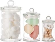 🏺 set of 3 small mini clear glass apothecary jars - premium quality bathroom storage containers with lids - vanity organizer canisters for cotton balls, swabs, makeup sponges, bath salts, q-tips logo