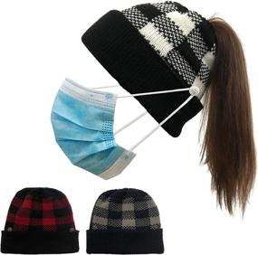 img 3 attached to Ponytail Beanie Hat for Women with Mask Button - Winter Criss Cross High Messy Bun Beanie Hat featuring Ponytail Hole