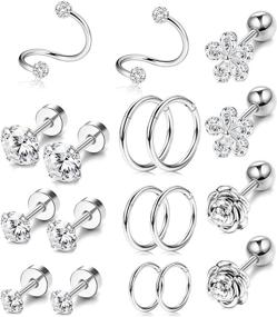 img 4 attached to 👂 FINREZIO 9 Pairs Stainless Steel Ear Cartilage Earring Set for Women: Hoop, Tragus, Helix Piercing with CZ Barbell Stud - Body Piercing Earrings Jewelry