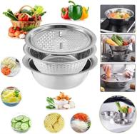 🥗 versatile stainless steel basin grater colander set with lids: perfect for salad mixing, cheese cutting, and food washing логотип