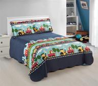 🚗 new dark blue green blue aqua 3pc full/queen bedspread set for teens, boys, and kids featuring cars, trains, and construction themes logo