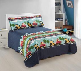 img 1 attached to 🚗 New Dark Blue Green Blue Aqua 3pc Full/Queen Bedspread Set for Teens, Boys, and Kids Featuring Cars, Trains, and Construction Themes