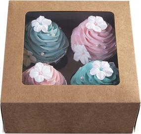 img 4 attached to 🎁 15pcs Kraft Paper Cupcake Boxes with Clear Window | Valentine's Day Cookie Gift Boxes | Auto-Popup Cupcake Containers Carriers Bakery Cake Box with Insert 4 Cavity (Brown, 15)