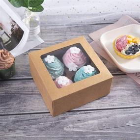 img 2 attached to 🎁 15pcs Kraft Paper Cupcake Boxes with Clear Window | Valentine's Day Cookie Gift Boxes | Auto-Popup Cupcake Containers Carriers Bakery Cake Box with Insert 4 Cavity (Brown, 15)