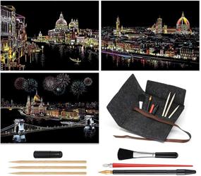 img 4 attached to 🎨 M MUGIT Scratch Art Rainbow Painting Paper (16'' x 11.2'') Night View Sketch Scratchboard for Kids & Adults - Engraving & Craft Set, Creative Gift - 3 Pack with 7 Tools (Venice / Florence / Budapest)