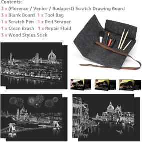 img 2 attached to 🎨 M MUGIT Scratch Art Rainbow Painting Paper (16'' x 11.2'') Night View Sketch Scratchboard for Kids & Adults - Engraving & Craft Set, Creative Gift - 3 Pack with 7 Tools (Venice / Florence / Budapest)