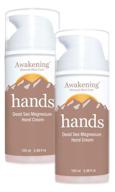 awakening hands twin-pack: hydrating hand cream with magnesium, myrrh extract, and minerals from the dead sea - ideal solution for dry hands - airless pump magnesium cream logo