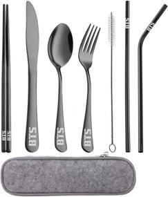 img 3 attached to 🍽️ BTS Bangtan Boys Kpop Travel Cutlery Set - Portable Lunch Utensils with Case, Straw, Knife, Fork, Spoon, Chopsticks, Cleaning Brush - 8 Piece (Black)