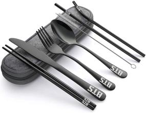 img 4 attached to 🍽️ BTS Bangtan Boys Kpop Travel Cutlery Set - Portable Lunch Utensils with Case, Straw, Knife, Fork, Spoon, Chopsticks, Cleaning Brush - 8 Piece (Black)