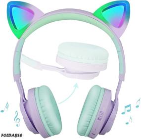 img 3 attached to Riwbox CT-7S Cat Ear Bluetooth Headphones for Kids - 85dB Volume Limiting, LED Light Up Wireless Headphones, Over Ear with Microphone for iPhone, iPad, Kindle, Laptop, PC, TV (Purple/Green)