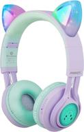 riwbox ct-7s cat ear bluetooth headphones for kids - 85db volume limiting, led light up wireless headphones, over ear with microphone for iphone, ipad, kindle, laptop, pc, tv (purple/green) logo