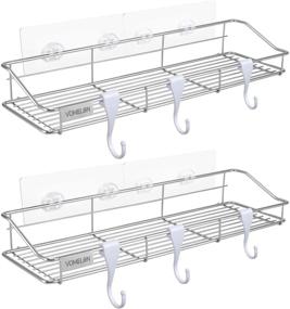 img 4 attached to Bathroom Organizer, Set of 2 Adhesive Bathroom Shelves - Extra Large 16”X4.75” Shower Caddy with 🛁 8 Towel Hooks - No Wall Damage - SUS304 Stainless Steel Bathroom Storage Racks - Kitchen Caddy Rack