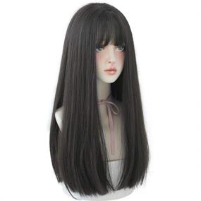 img 4 attached to 👩 URCGTSA 23-Inch Long Hair Wig for Women, Synthetic Hair Natural Straight Wig with Bangs for Party Cosplay, Black Brown Wig for Girls