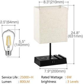 img 1 attached to Прикроватная лампа с регулировкой яркости, беспроводной зарядкой, портом USB, портом Type C и розеткой - сенсорное управление, тканевый абажур - идеально подходит для гостиной и спальни