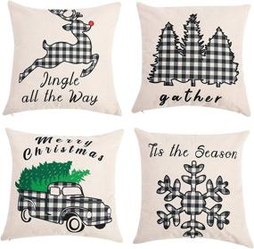 img 4 attached to 🎄 Set of 4 Christmas Plaid Pillow Covers - Black & White Buffalo Plaid Check Design, 18x18 Inch - Decorative Throw Pillow Cases for Sofa, Couch, Bedroom or Patio Seat - Ideal for Christmas Winter Holiday Decoration