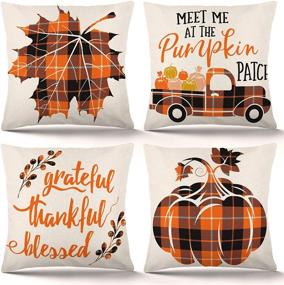 img 4 attached to 🍂 Set of 4 ZJHAI Fall Pillow Covers 18x18 Inch - Autumn Farmhouse Buffalo Plaid Design, Holiday Rustic Linen Pillow Case for Sofa Couch, Farmhouse Thanksgiving Fall Decorations - Throw Pillow Covers