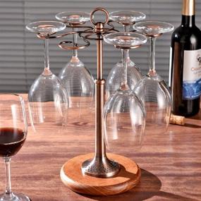 img 2 attached to 🍷 Jolitac Upgrade Wood Base Wine Glass Stand Racks: Vintage Brass Stemware Holder with 6 Hooks for Tabletop Organization and Display (wine glass not included)