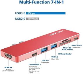 img 2 attached to 🔴 WAVLINK USB C Hub Adapter for MacBook Pro 2019 2018-2016 – 7-in-1 Aluminum Hub with 4K HDMI, Thunderbolt 3 Port, 100W Power Delivery, and SD/Micro SD Card Reader (Red)