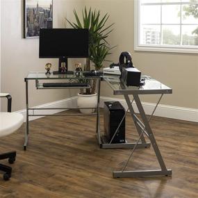 img 2 attached to Walker Edison Ellis: Sleek L Shaped Glass Top Gaming Desk with Keyboard Tray - 51 Inch Silver