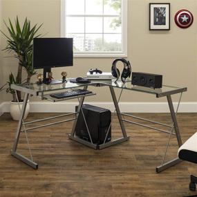 img 4 attached to Walker Edison Ellis: Sleek L Shaped Glass Top Gaming Desk with Keyboard Tray - 51 Inch Silver