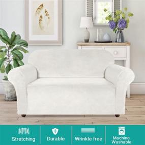 img 3 attached to Turquoize Off White Velvet Loveseat Cover Stretch Couch Covers for 2 Cushion Couch - Thick Soft Sofa Cover with Non Slip Straps - Furniture Protector, Couch Covers for Dogs - Form Fit Couch Slipcover
