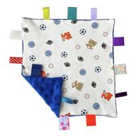🏻 soft security blanket with colorful tags - baby boy blue tagged basketball, football, soccer comforter for child, toddler, kid - ideal shower gift logo