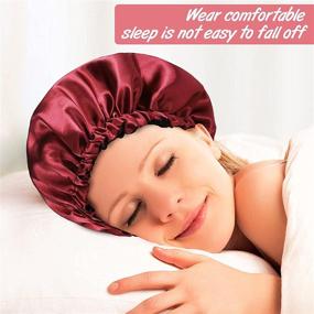 img 3 attached to Adjustable Reversible Satin Sleep Cap for Women and Girls - Double Layer Large Bonnet (Black and Wine Red)