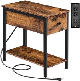 img 4 attached to HOOBRO Narrow Nightstand with Drawer & USB Ports & Power Outlets - Side Table with Charging Station for Small Spaces in Living Room or Bedroom - Wood Look Accent Table, Rustic Brown (Model BF041BZ01)