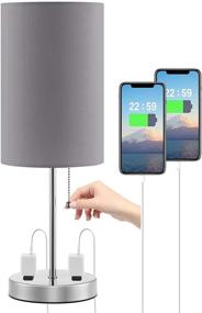 img 4 attached to 🛋️ Doowo Grey Bedside Lamp for Bedroom, with Dual 2-Pin Outlets, Pull Chain Small Table Lamp for Nightstand, Metal Base & Fabric Shade, Ideal for Living Room & Office (Bulb Not Included)