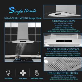 img 1 attached to 🔥 30 Inch Stainless Steel Wall Mount Range Hood - Singlehomie 525 CFM Glass Stove Vent Hoods | 3 Speed Fan | Ducted Exhaust Vent | LED Lights | Sensor Touch Control | Convertible Chimney | Aluminum Filter