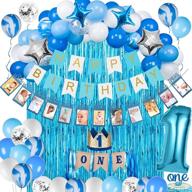 🎉 joyypop 1st birthday boy decorations set - 66pcs blue 1st birthday decorations for boy with 12 months photo banner, baby crown, one cake topper, highchair banner for 1st birthday логотип