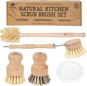 img 4 attached to Eco Being Natural Bubble up Dish Brush Set: Strong Bamboo Brushes with Soap Dispenser for Easy Dish Cleaning - 5 Piece Kitchen Set with Plastic-Free Scrubbers & Wooden Handles