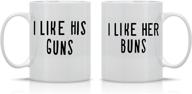 🍑 adorable couples mug set - his guns and her buns - funny matching coffee mugs - 11oz - great gift for boyfriend, girlfriend, husband, wife - by aw fashions logo