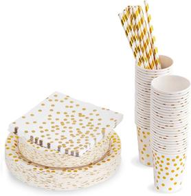 img 4 attached to 🎉 250 Piece Party Plate and Cup Set with Napkins and Straws - Disposable Gold Paper Plates and Decorations for Engagement, Birthday, Anniversary, Graduation, and Any Celebrations