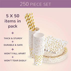 img 2 attached to 🎉 250 Piece Party Plate and Cup Set with Napkins and Straws - Disposable Gold Paper Plates and Decorations for Engagement, Birthday, Anniversary, Graduation, and Any Celebrations